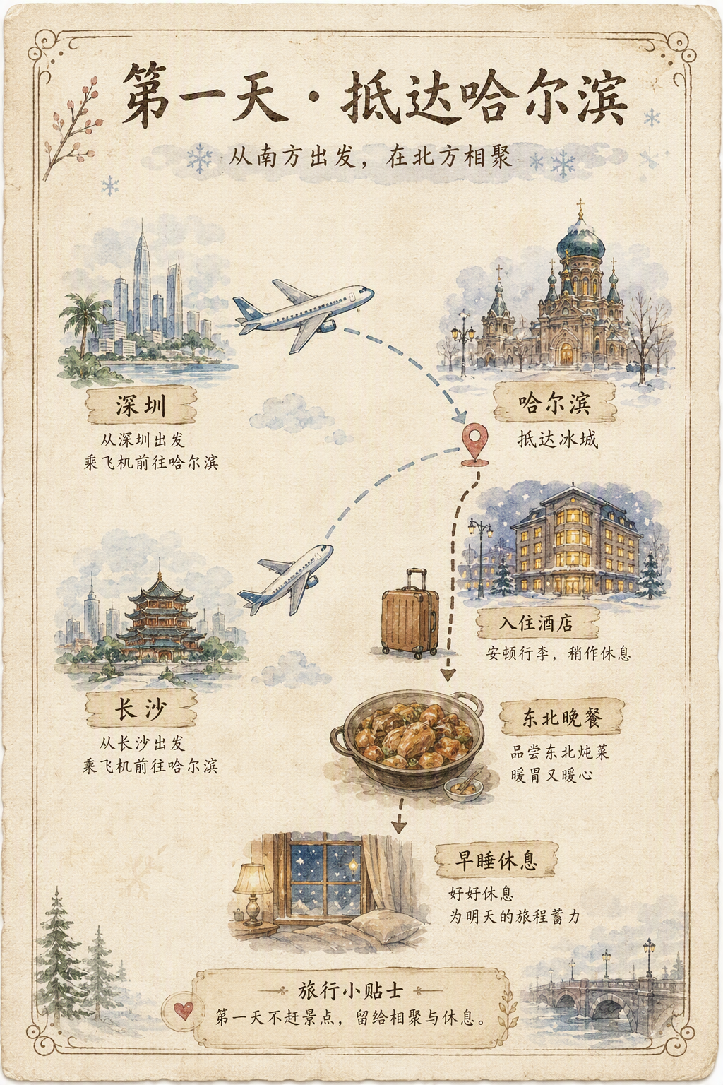 第一天抵达哈尔滨的手绘水彩行程地图