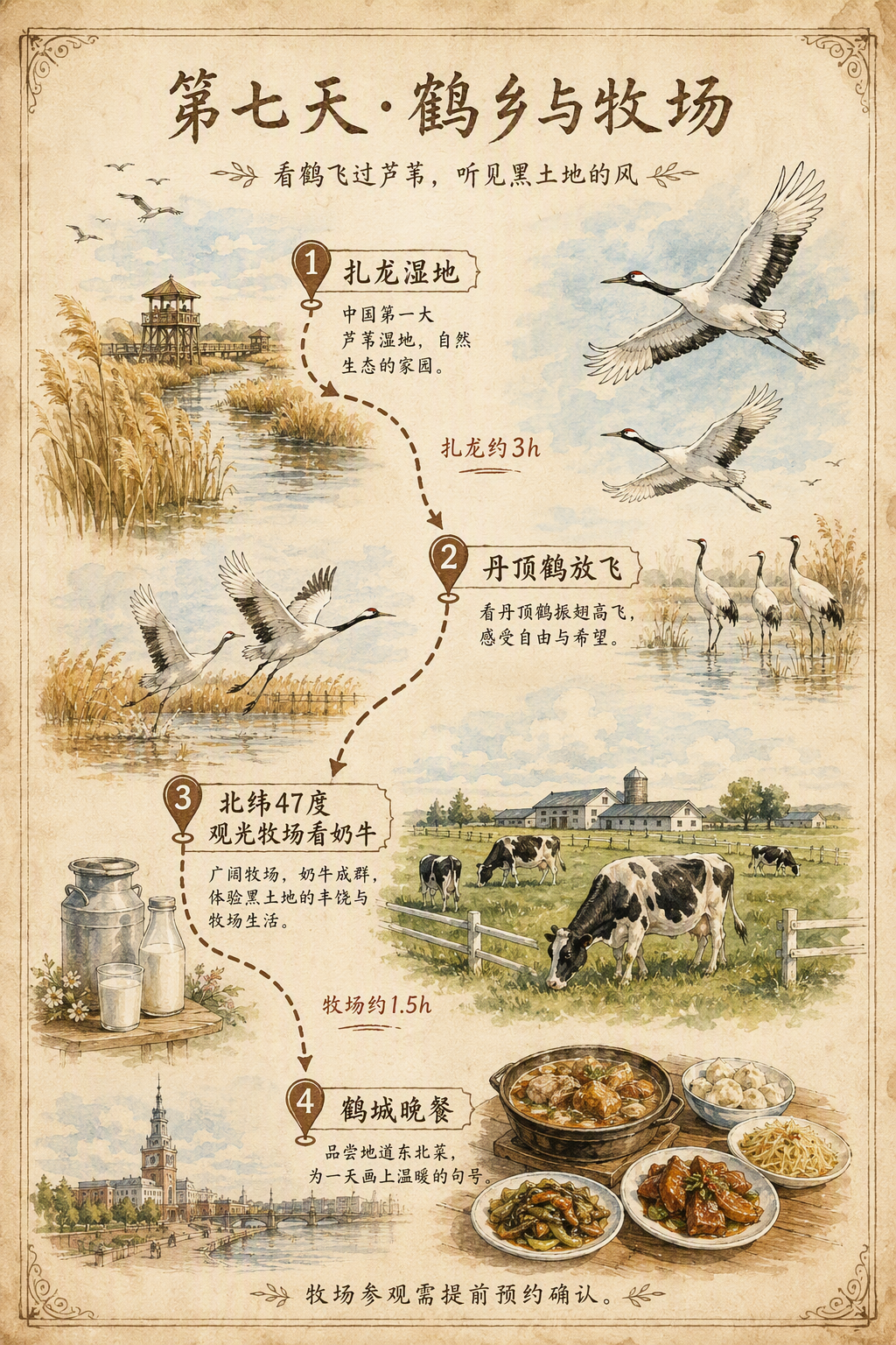 第七天扎龙湿地与牧场的手绘水彩行程地图