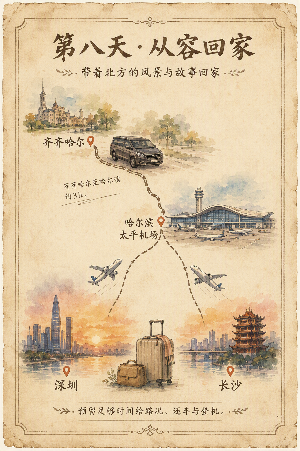 第八天从齐齐哈尔返回哈尔滨机场的手绘水彩行程地图