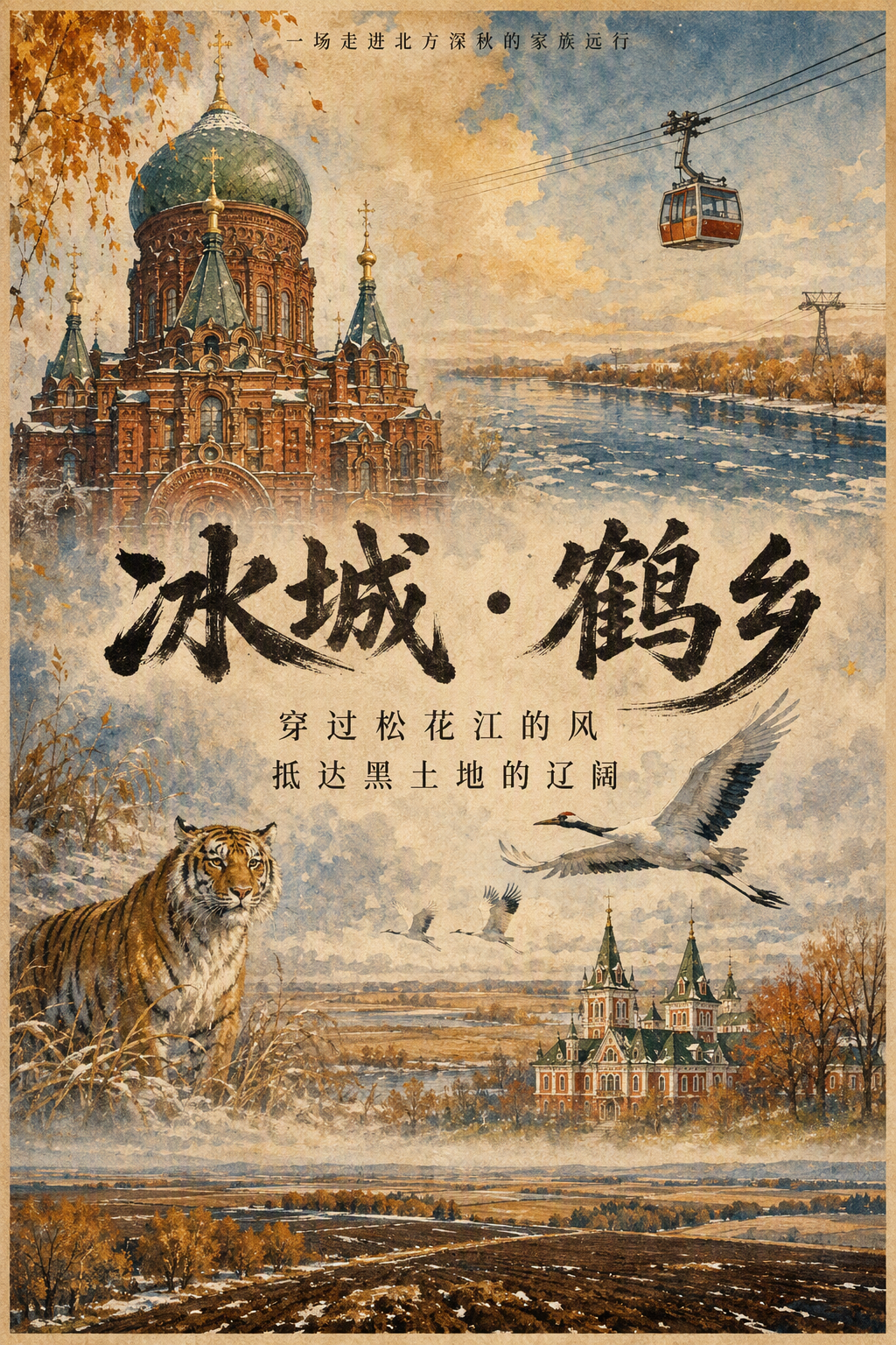冰城与鹤乡主题的东北旅行电影海报:圣·索菲亚教堂、松花江、东北虎、丹顶鹤、伏尔加庄园与黑土地
