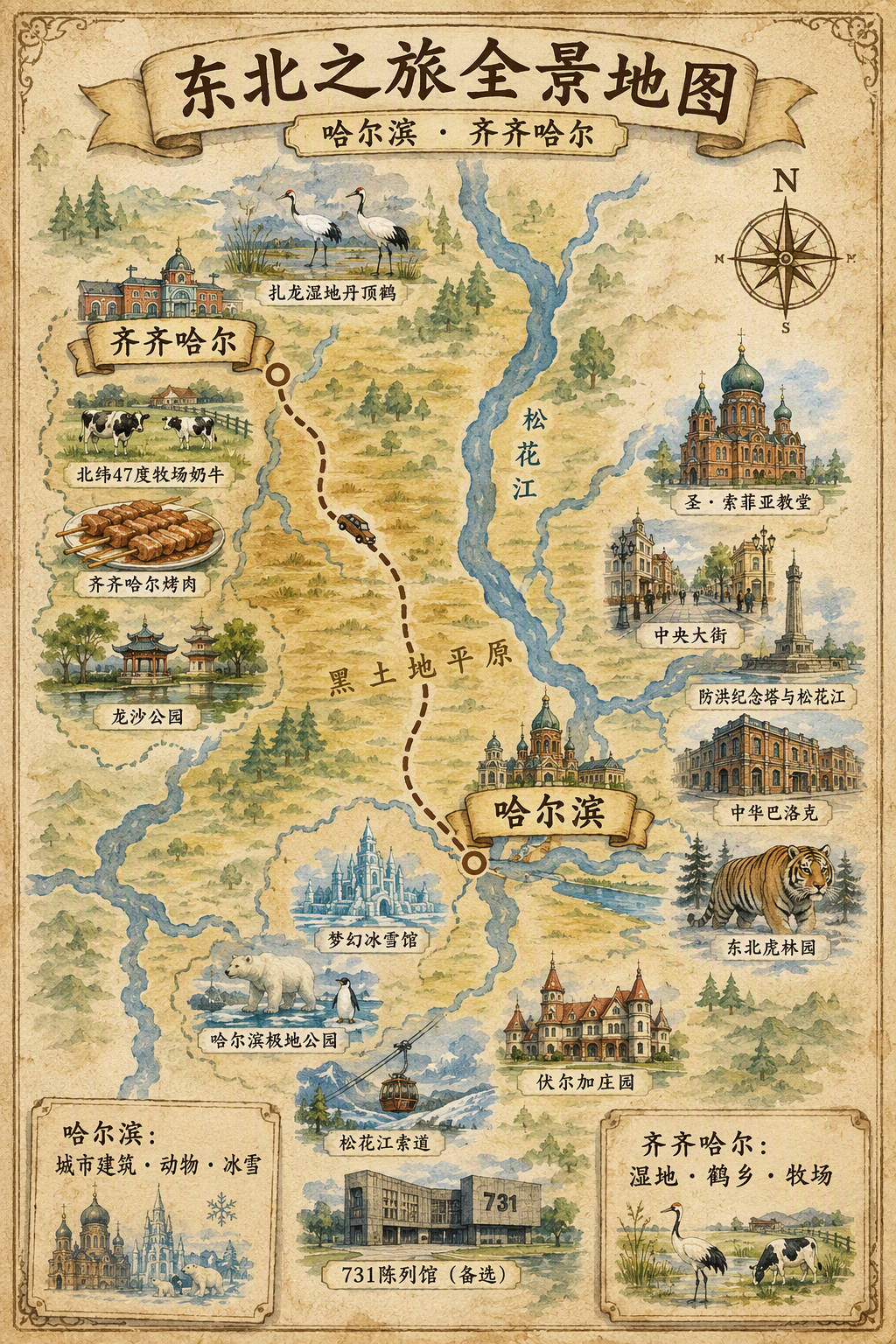 哈尔滨与齐齐哈尔整体景点和自驾路线的手绘水彩全景地图