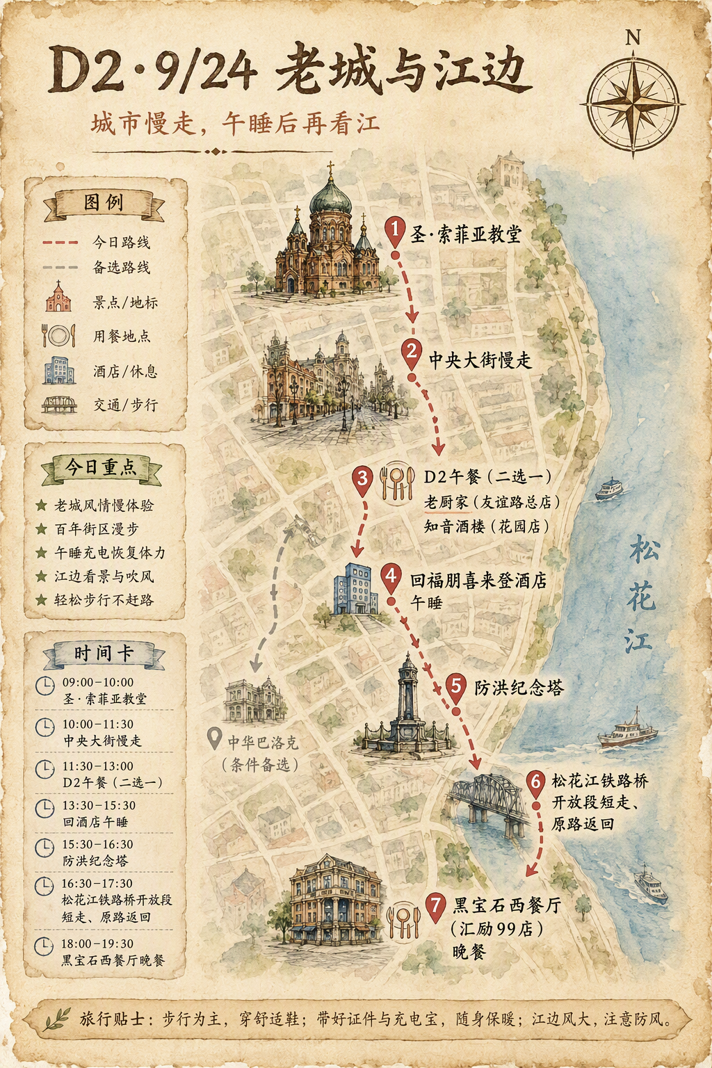 第2天哈尔滨城市慢游竖版手绘水彩路线地图：圣·索菲亚教堂、中央大街、酒店午休、防洪纪念塔、松花江铁路桥短步行；中华巴洛克为条件性备选