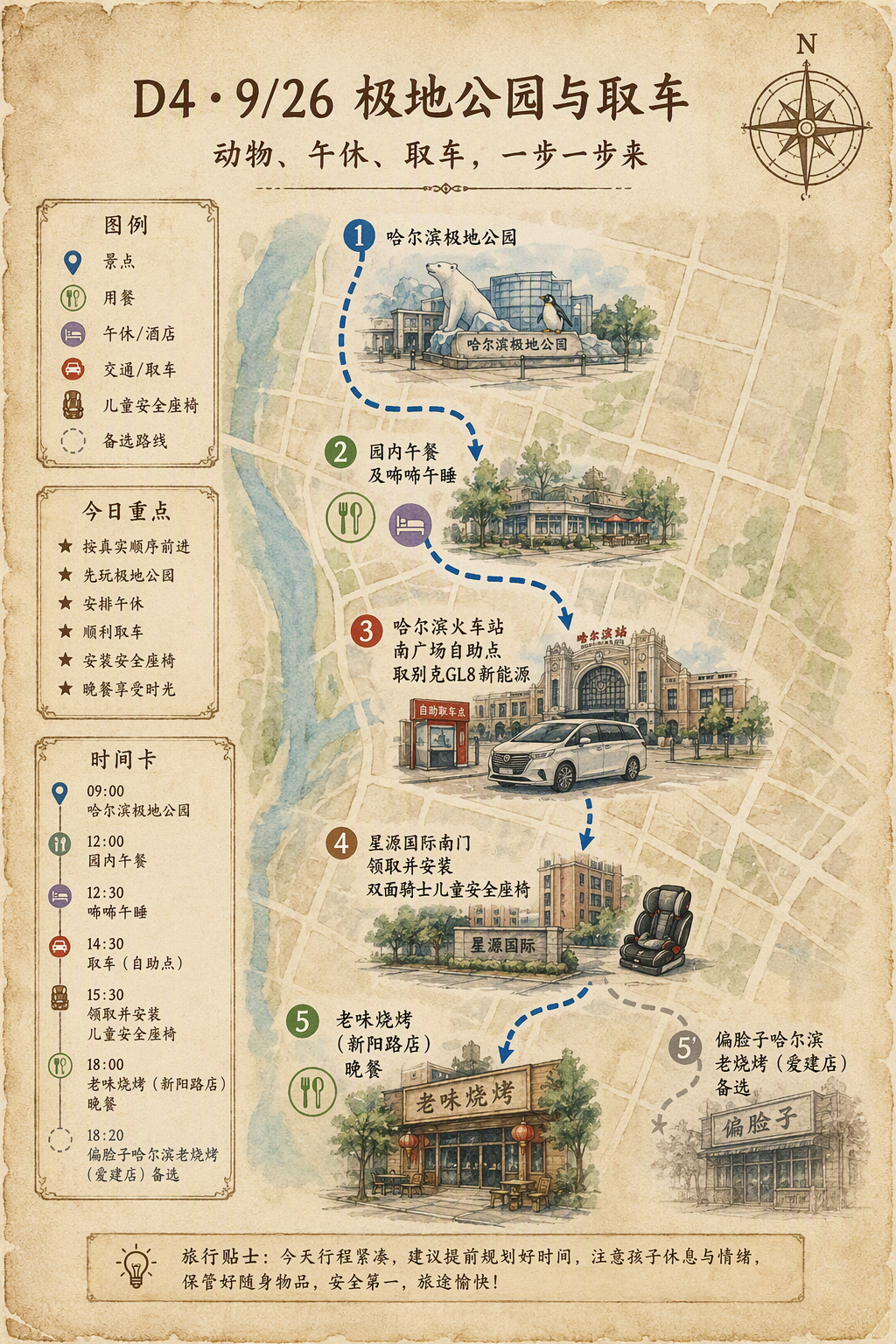 第4天极地公园竖版手绘水彩行程地图：企鹅、白鲸与松花江索道