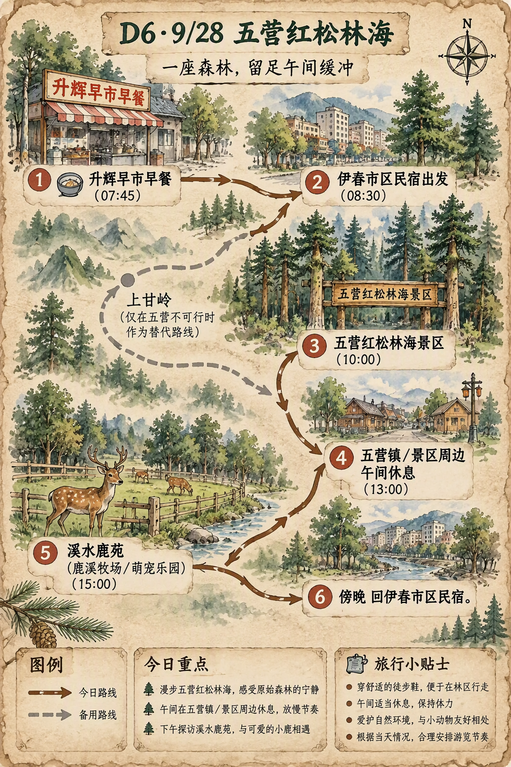 第6天五营红松林海、鹿溪牧场／萌宠乐园与回伊春市区的竖版手绘水彩行程地图