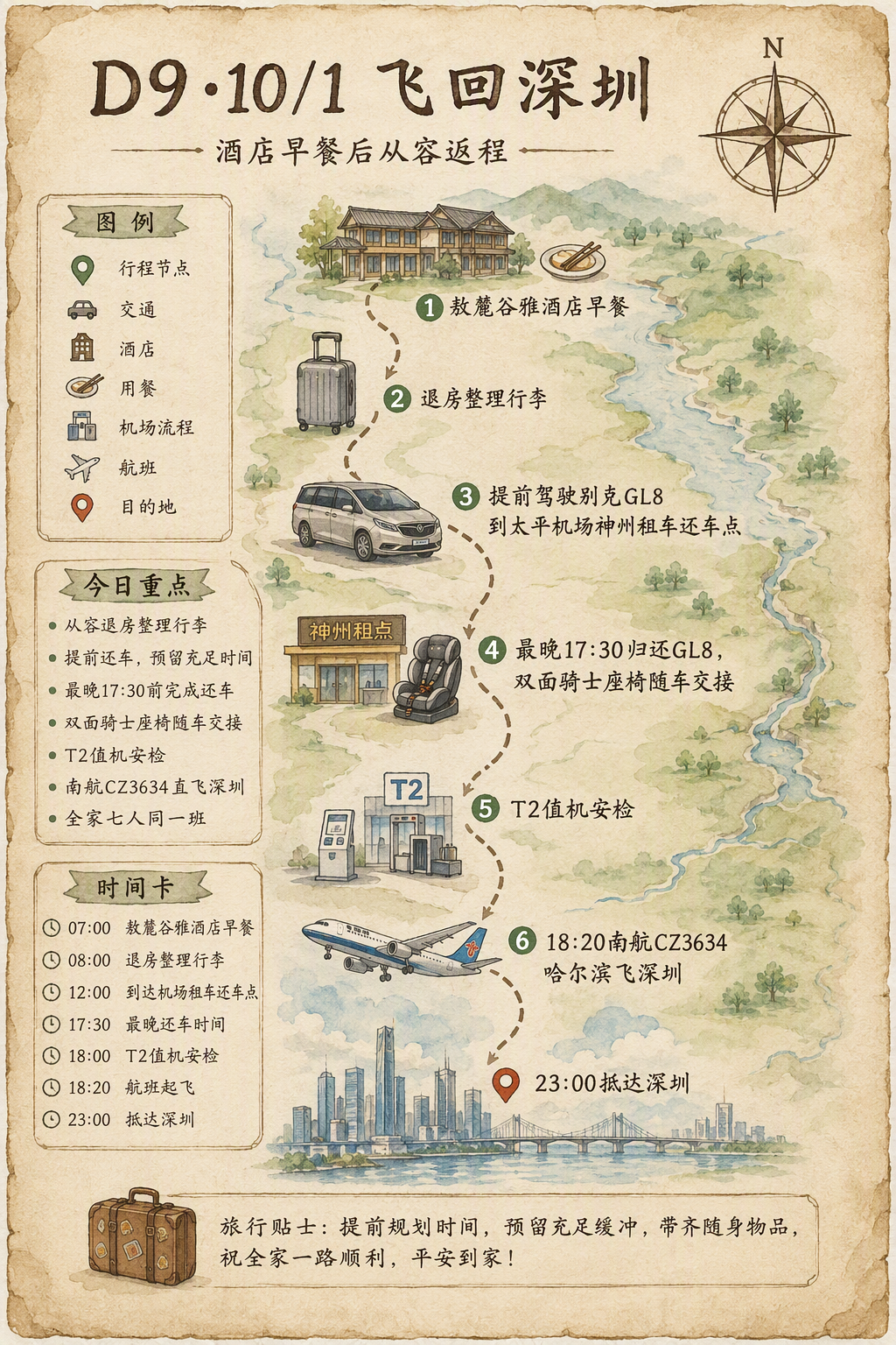 第9天哈尔滨机场启程竖版手绘水彩行程地图