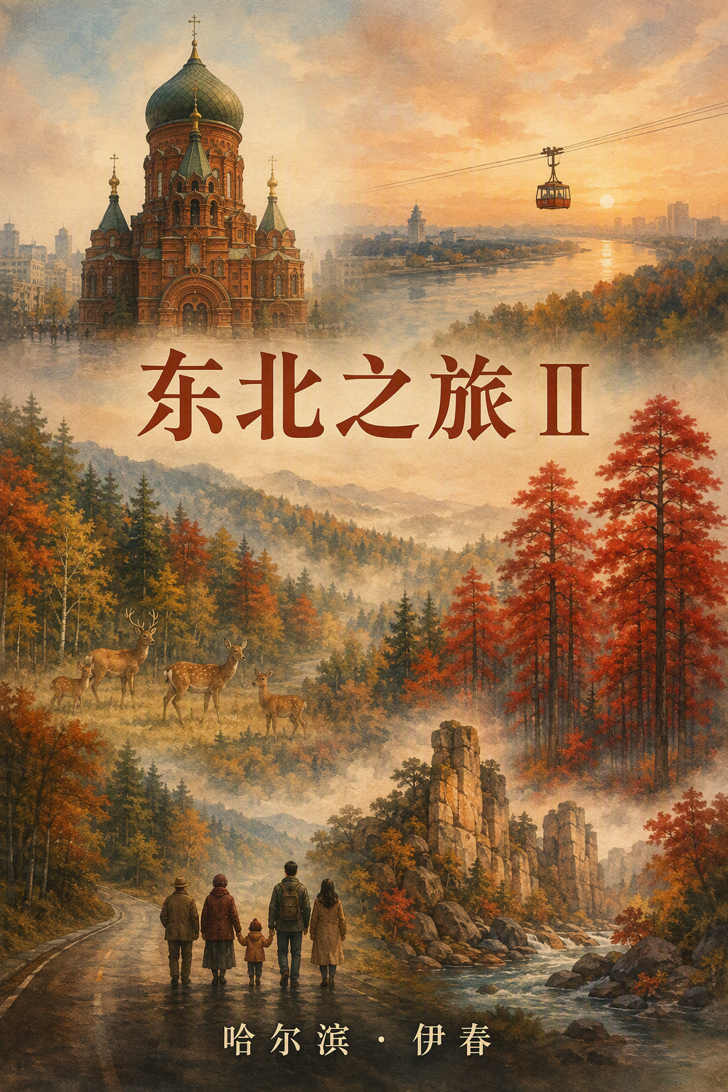 东北之旅第二程竖版手绘水彩旅行封面：哈尔滨、伊春林海与秋日地标