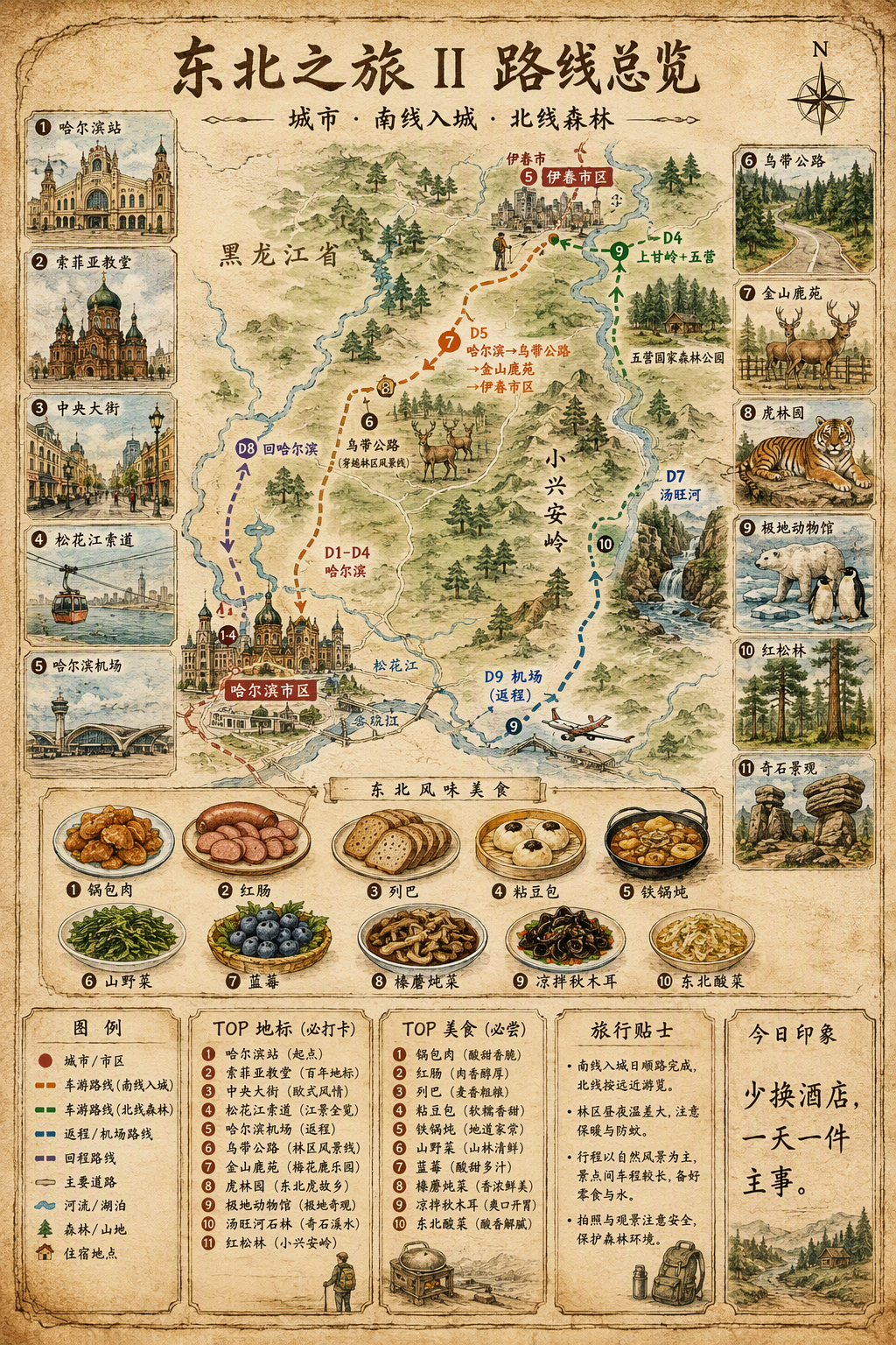 东北之旅第二程竖版手绘水彩地标与美食全景地图：哈尔滨、伊春、乌带公路、金山鹿苑、五营红松林海、鹿溪牧场、上甘岭（备选）与汤旺河